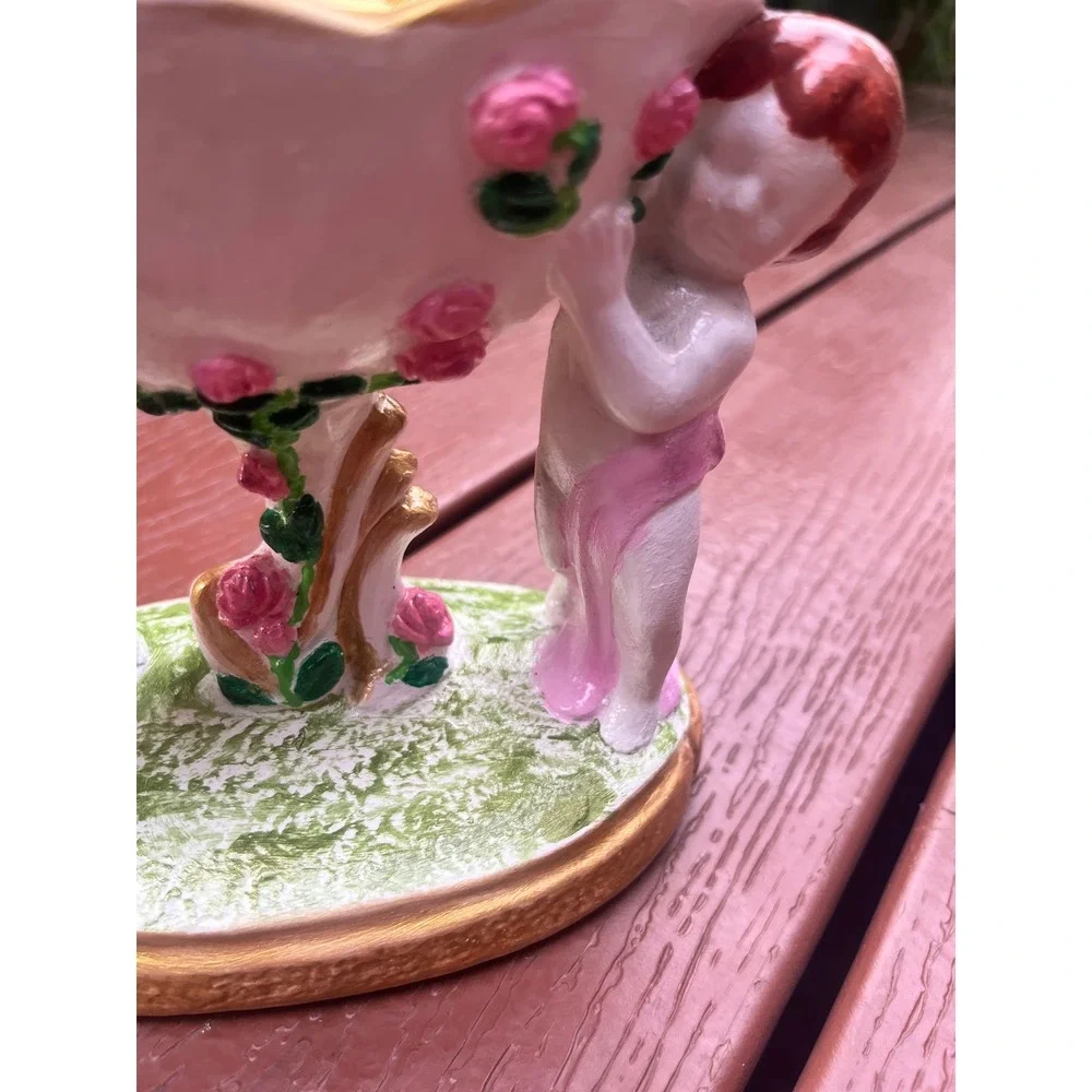 Vintage Style Hand Painted Ceramic Cherub Compote Trinket Bowl Gold Pink Roses